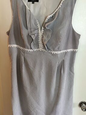 Nine West Navy and White Pinstripe Ruffle Sheath Dress with Lace Trim. Size 18w